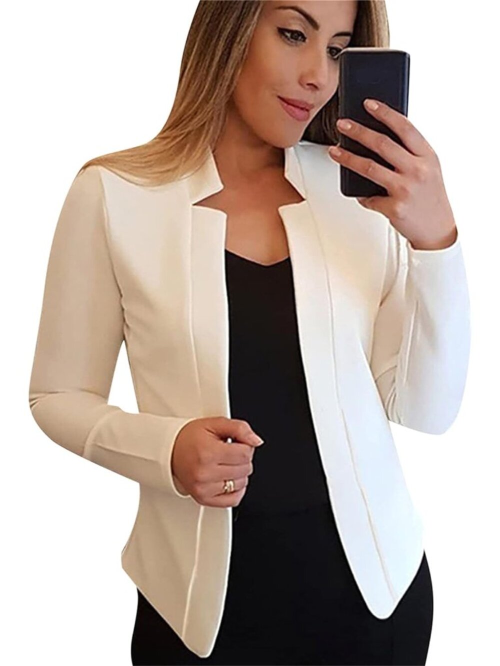 Women's White Long Sleeve Notched Lapel Blazer Solid Color Open Front Casual